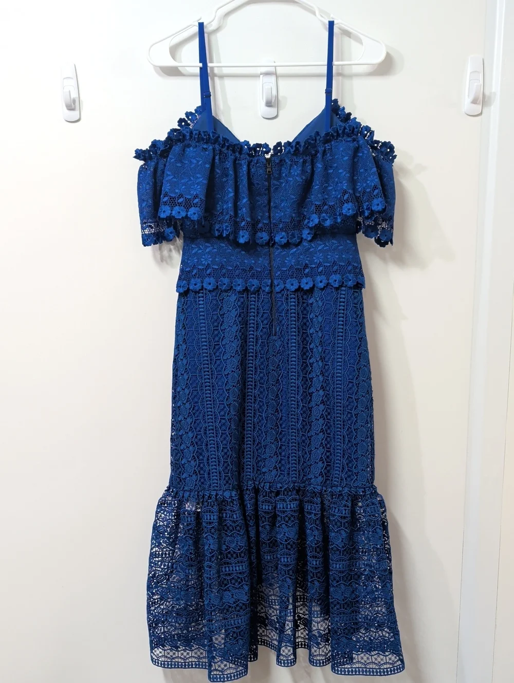 Three Floor Royal Blue Enfold Lace Midi Dress Size 4 - Picture 10 of 13